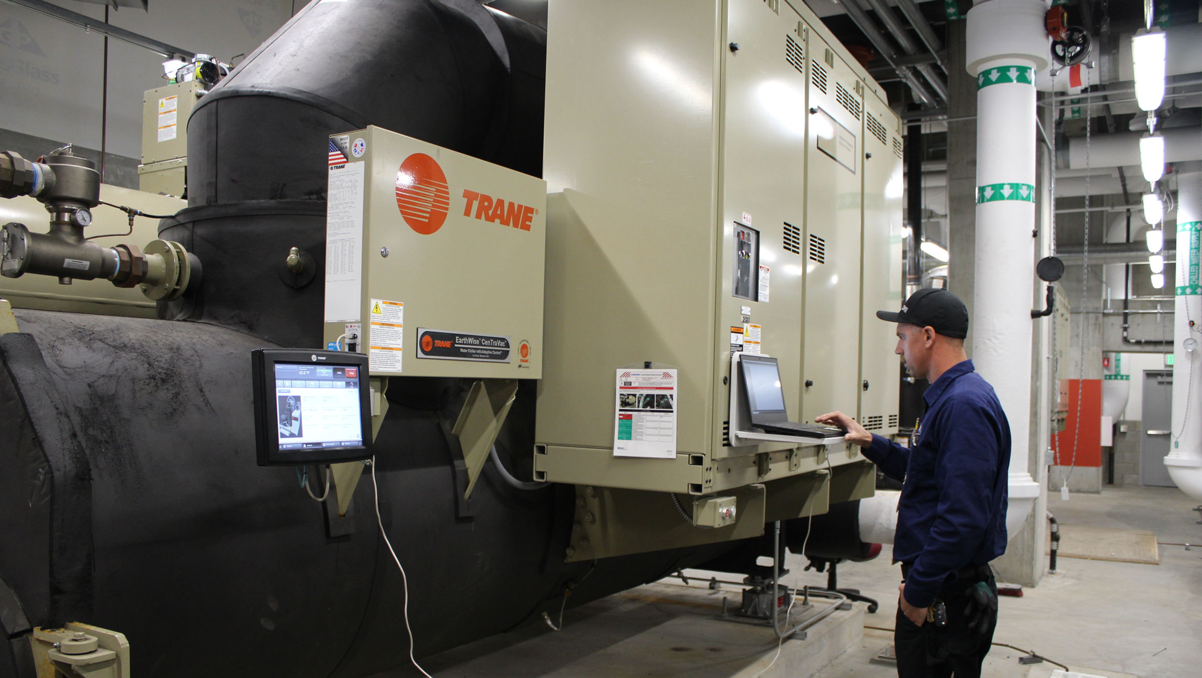 SVM technician servicing TRANE chiller